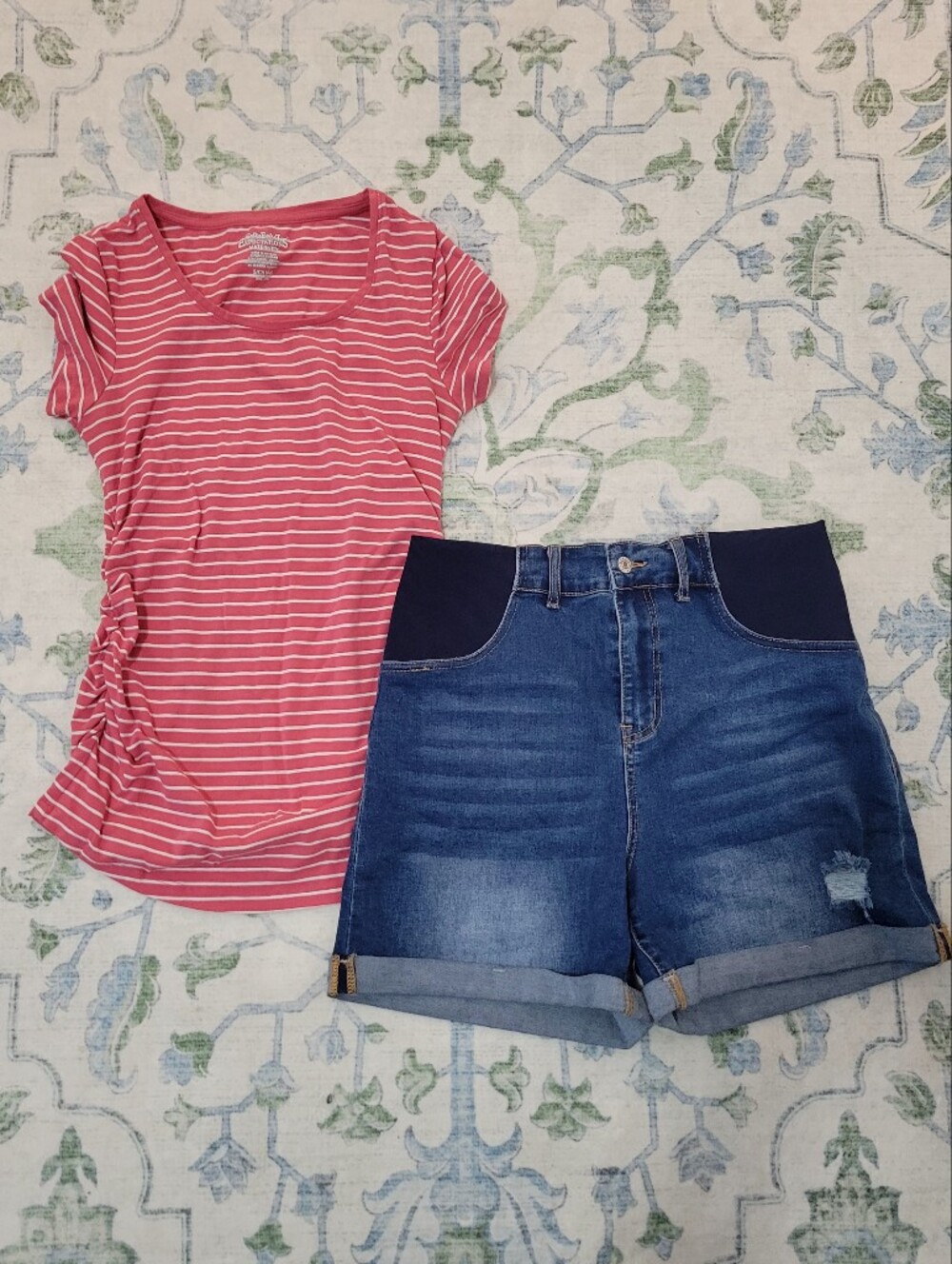 Great Expectations Coral Pink Striped Tee with Blue Denim Shorts